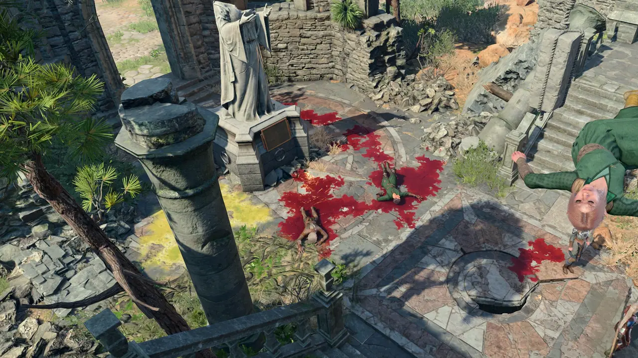 An upside-down monk floats over a bloodstained chapel courtyard