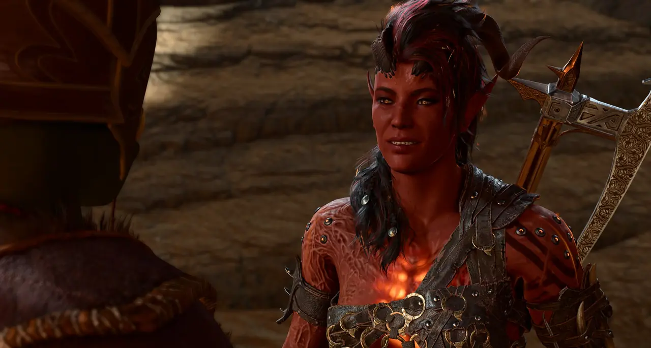 Karlach, engine glowing, talking with Matt’s character